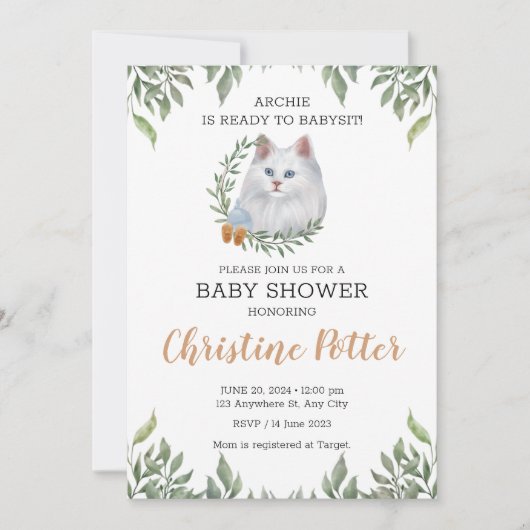 White Cat Blue Eyes Greenery Boho Baby Shower Einladung (Vorderseite)