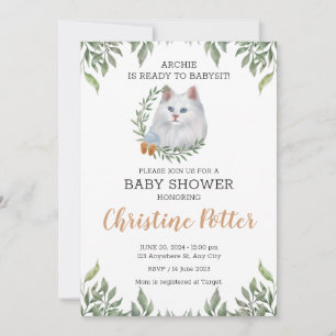 White Cat Blue Eyes Greenery Boho Baby Shower Einladung