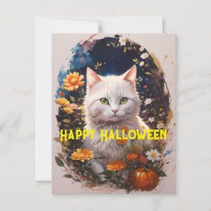 White Cat Blume Happy Halloween Magie Feiertagskarte