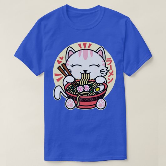 White Cat Eating Ramen T-Shirt (Design vorne)