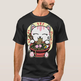 White Cat Eating Ramen T-Shirt