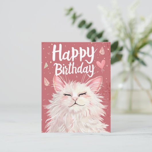 White Cat Happy Birthday Postkarte (Stehend Vorderseite)