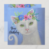 White Cat I Blume Crown Whimsical Art (Vorne/Hinten)