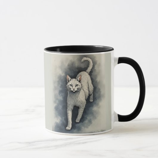 White Cat in a Chinese Ink Drawing Style Tasse (Rechts)