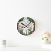 White Cat in a Colorful Garden Runde Wanduhr (Zuhause)
