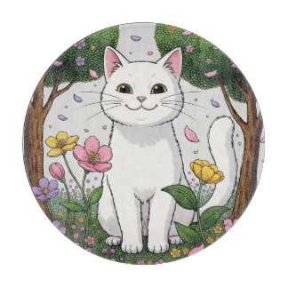 White Cat in a Colorful Garden Schneidebrett