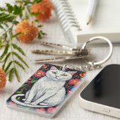 White Cat in Colorful Folk Art Flowers Personalize Schlüsselanhänger (Vorderseite rechts)