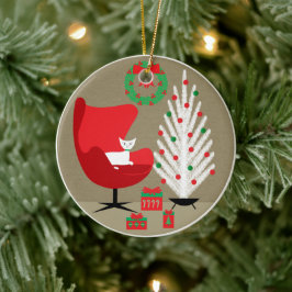 White Cat in Mid Century Christmas Room Keramik Ornament