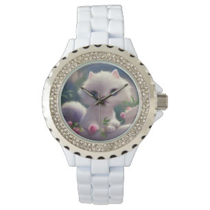 WHITE CAT KITTEN LADIES WRIST WATCH ARMBANDUHR
