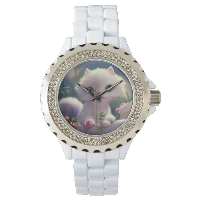 WHITE CAT KITTEN LADIES WRIST WATCH ARMBANDUHR (Vorderseite)