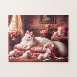 White Cat & Kittens Pink Rose Fancy Feline Family Puzzle