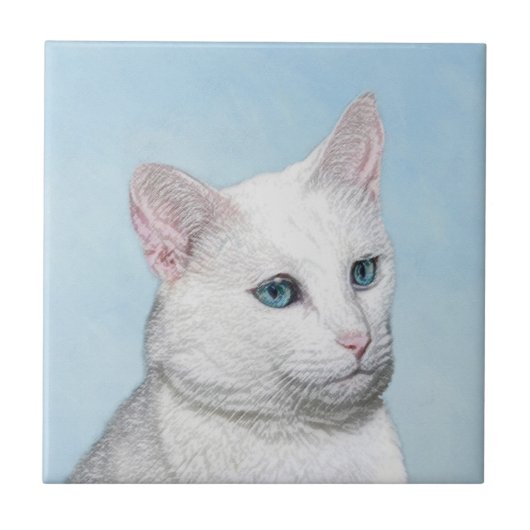 White Cat Malerei - Niedliche Original Cat Art Fliese (Vorderseite)