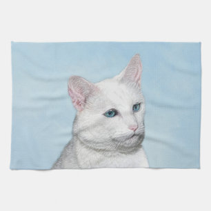 White Cat Malerei - Niedliche Original Cat Art Geschirrtuch