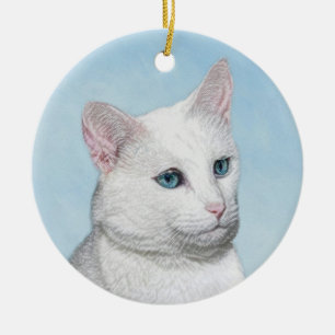 White Cat Malerei - Niedliche Original Cat Art Keramik Ornament