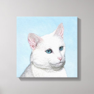 White Cat Malerei - Niedliche Original Cat Art Leinwanddruck