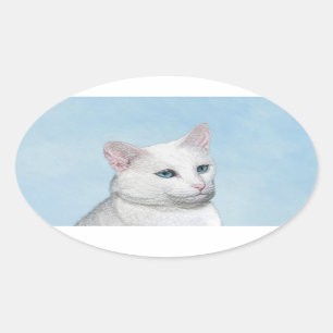 White Cat Malerei - Niedliche Original Cat Art Ovaler Aufkleber
