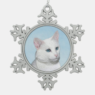 White Cat Malerei - Niedliche Original Cat Art Schneeflocken Zinn-Ornament