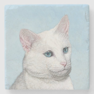 White Cat Malerei - Niedliche Original Cat Art Steinuntersetzer