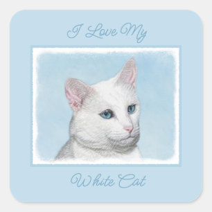 White Cat Malerei - Niedliches Original Cat Art Sq Quadratischer Aufkleber