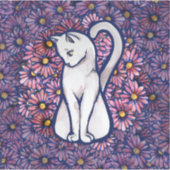 White Cat Mauve Daisies Aufkleber (Vorderseite)
