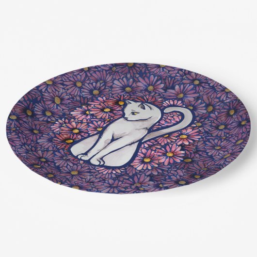 White Cat Mauve Daisies Pappteller (Schrägansicht)