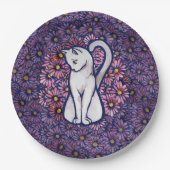 White Cat Mauve Daisies Pappteller (Vorderseite)