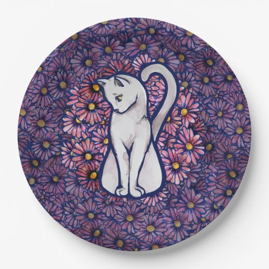 White Cat Mauve Daisies Pappteller (Vorderseite)