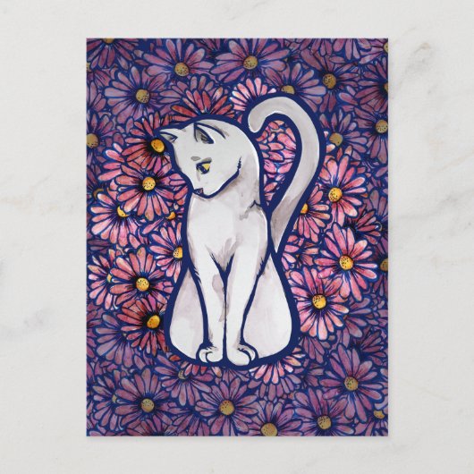White Cat Mauve Daisies Postkarte (Vorderseite)