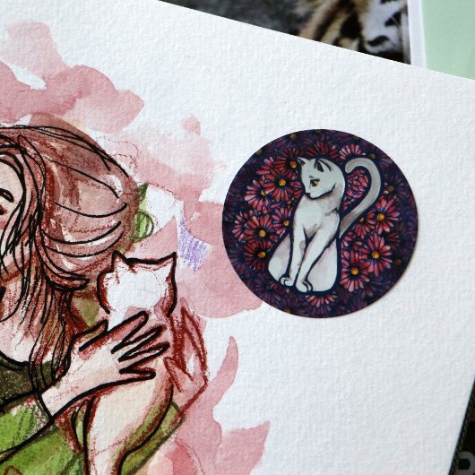 White Cat Mauve Daisies Runder Aufkleber