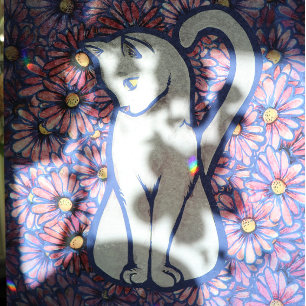 White Cat Mauve Daisies Seidenpapier