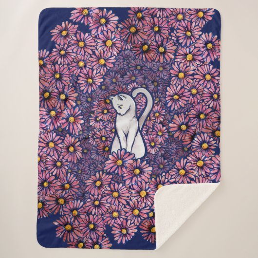 White Cat Mauve Daisies Sherpadecke (Vorderseite)