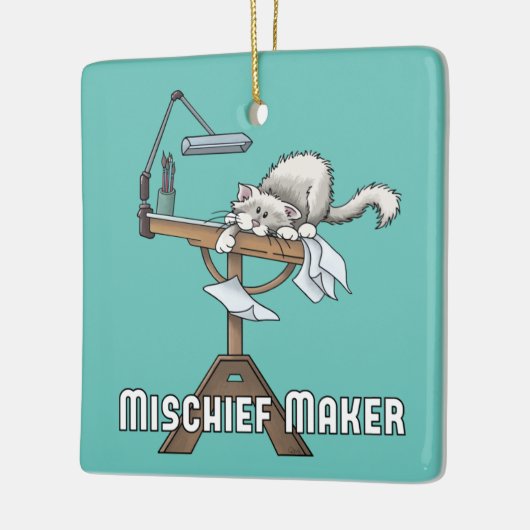 White Cat Mischief Maker Keramik Ornament (Links)