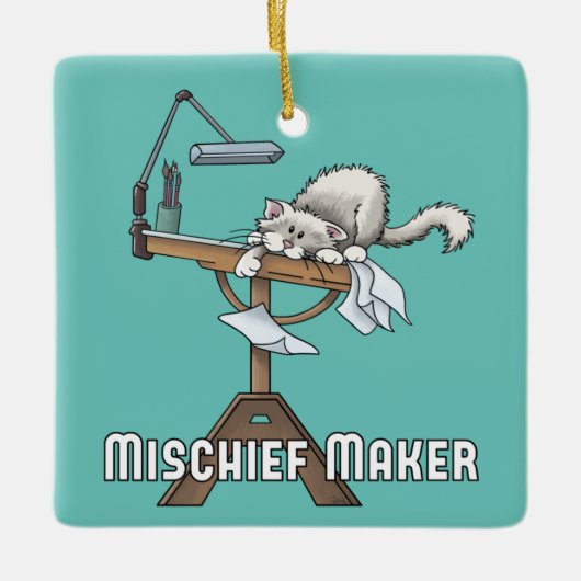 White Cat Mischief Maker Keramik Ornament (Vorderseite)