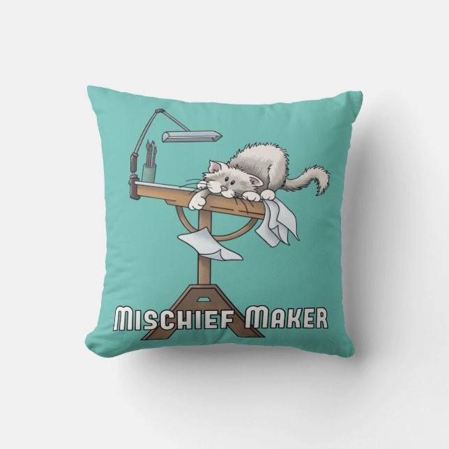White Cat Mischief Maker Throw Kissen (Vorderseite)