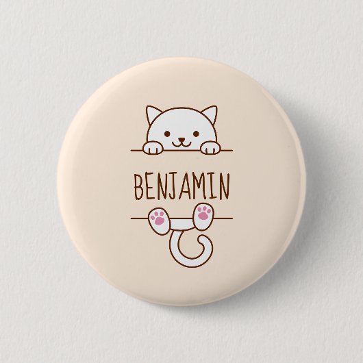 White Cat Peeking hinter Individuelle Name Button (Vorderseite)