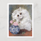 White Cat Pink Roses Louis Wain Postkarte (Vorderseite)