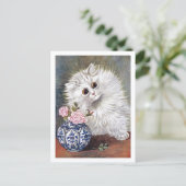 White Cat Pink Roses Louis Wain Postkarte (Stehend Vorderseite)