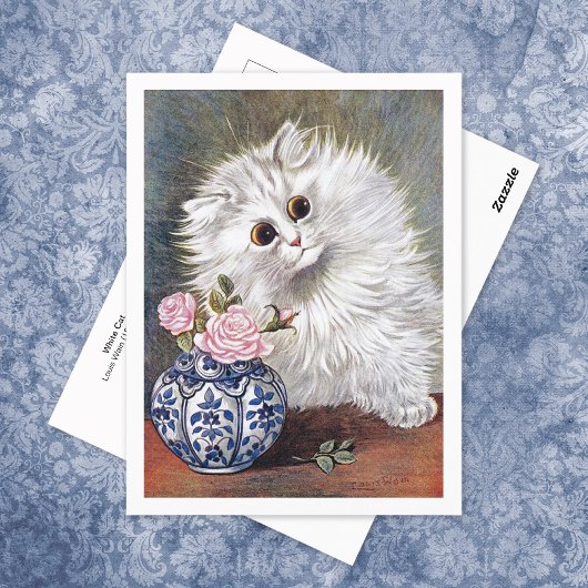 White Cat Pink Roses Louis Wain Postkarte
