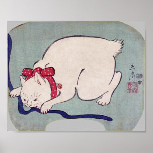 White Cat Playing with a String, Hiroshige Poster