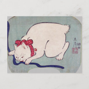 White Cat Playing with a String, Hiroshige Postkarte