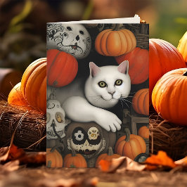 White Cat Pumpkins Calavera Artistic Halloween Feiertagskarte