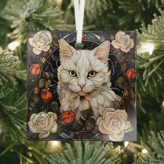 White Cat Rose Mosaic Stained Ornament Aus Glas (Insitu)