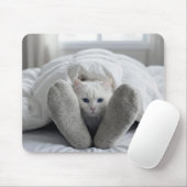 White Cat Under a White Duvet Mousepad (Mit Mouse)