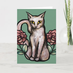 White Cat Vintage Rose Rose Weißes Kätzchen Kunst Karte