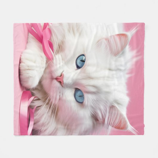 White Cat with Pink Ribbons Fleecedecke (Vorderseite (Horizontal))