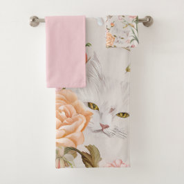 White Cats Pink Roses Floral  Badhandtuch Set