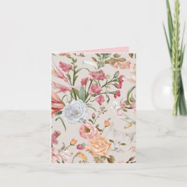 White Cats Pink Roses Floral Flat Thank You Card Karte