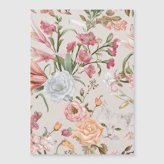 White Cats Pink Roses Floral Flat Thank You Card Magnetkarte
