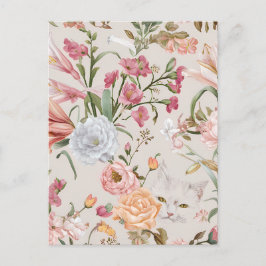 White Cats Pink Roses Floral Holiday Postcard Feiertagspostkarte