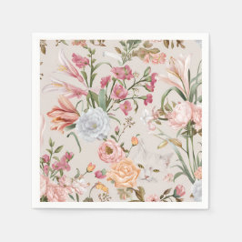 White Cats Pink Roses Floral  Serviette